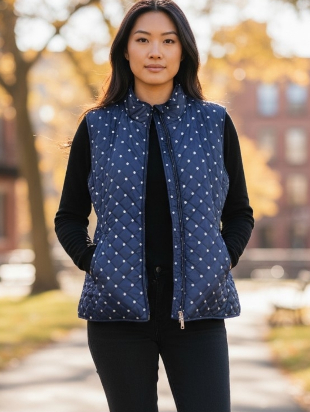 Karen Scott Sport Navy With Polka Dot Vest Full Zip Poly